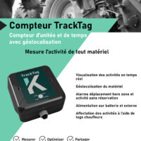 Flyer produit Compteur horaire TrackTag multifonction avec GPS et carte SIM dédiè au suivi du materiel agricole. Mesure temps utilisation, surface, positionnement en temps réel.