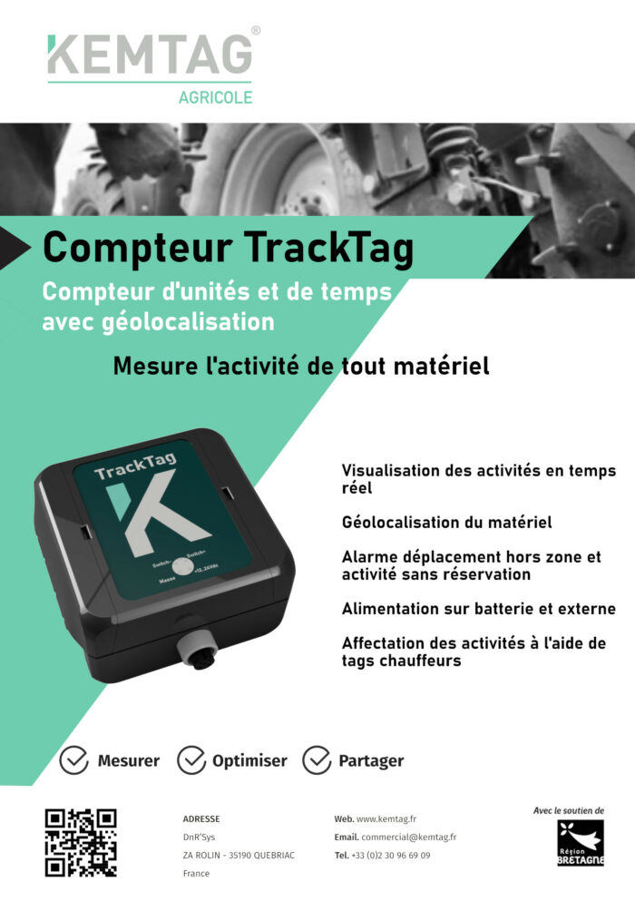 Flyer produit Compteur horaire TrackTag multifonction avec GPS et carte SIM dédiè au suivi du materiel agricole. Mesure temps utilisation, surface, positionnement en temps réel.